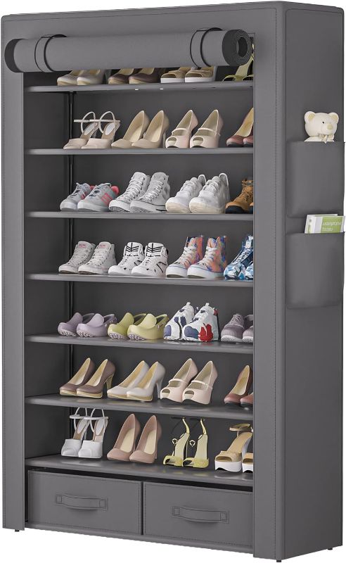 Photo 1 of Shoe Rack Dustproof Shoe Rack Organizer for Closet with 2 Large Bins 32-40Pairs Sturdy Free Standing Shoe Organizer Shelf Tall Vertical Shoe Storage Cabinet Holder with Cover Entryway Bedroom Garage
