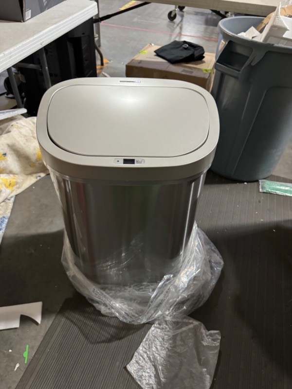 Photo 2 of ***used like new***Ninestars DZT-80-35 Automatic Touchless Infrared Motion Sensor Trash Can, 21 Gal 80L, Heavy Duty Stainless Steel Base (Oval, Silver/Brush Lid) Trashcan, SS