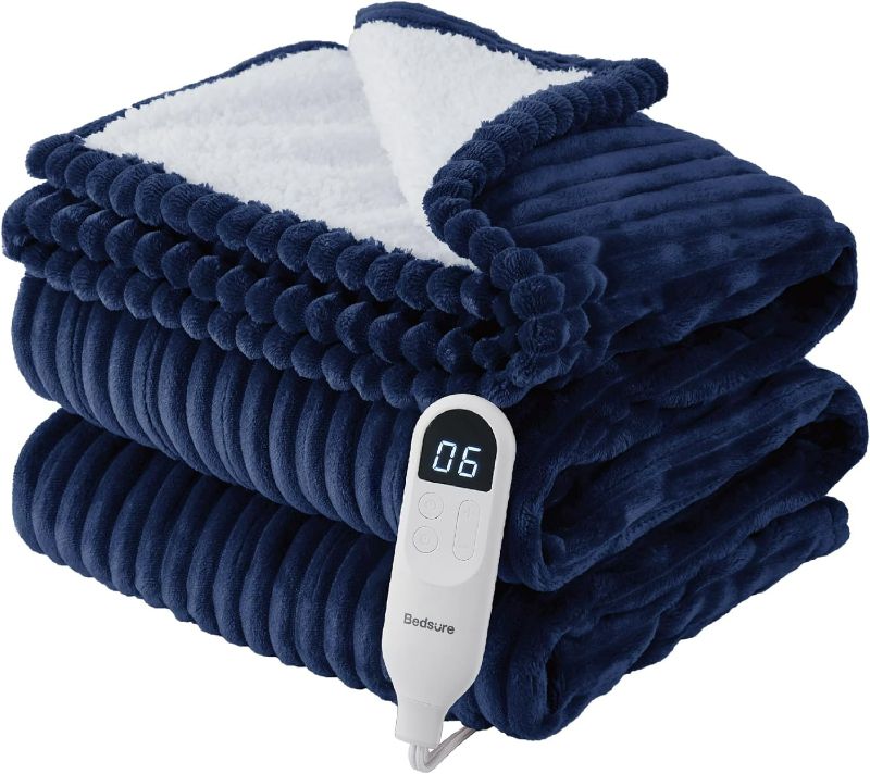Photo 1 of (READ NOTES) Bedsure Heated Blanket Electric Twin - Soft Ribbed Flannel, Fast Heating Electric Blanket with 6 Heating Levels & 10 Time Settings, 8 Hours Auto-Off (62x84 inches, Navy)
