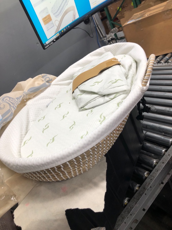 Photo 2 of Baby Changing Basket - with Thick Pad & 3 Waterproof Bamboo Jacquard Covers. Organic Seagrass Moses Basket for Babies - CPSC Compliant, Premium Changing Table Topper - Unique Boho Baby Decor Natural / White