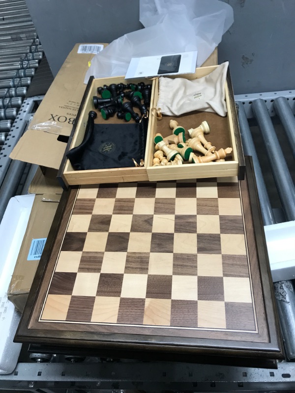 Photo 2 of A&A 15 inch Walnut Wooden Chess & Checkers Set w/ Storage Drawer /Weighted Chess Pieces - 3.0 inch King Height/ Walnut Box w/Walnut & Maple Inlay / 2 Extra Queen / Classic 2 in 1 Board Games Weighted Pieces w/ Walnut Box