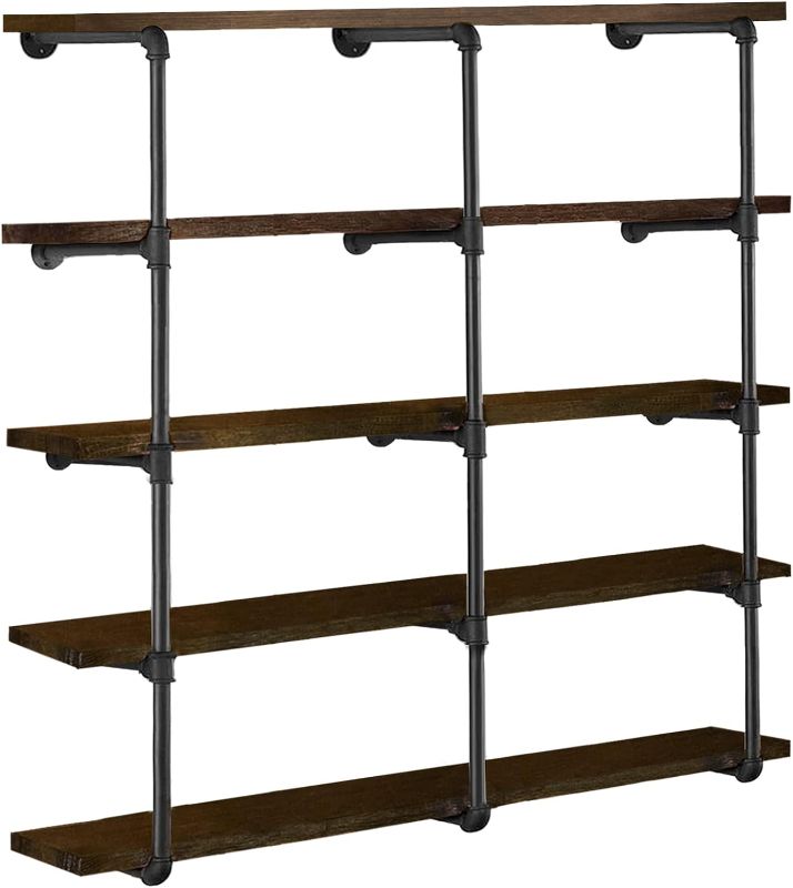 Photo 1 of HITOMEN Industrial Iron Pipe Shelves, 3 Set 5-Tier, 56" Tall, 12" Depth, DIY Open Bookshelf Bookcase, Wall Mounted Vintage Retro Shelving, Rustic Farmhouse Pantry Kitchen Storage, Black Shelf Brackets
