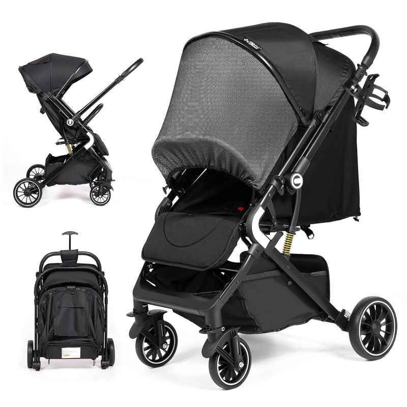 Photo 1 of AODI Lightweight Reversible Baby Stroller, Infant Toddler Stroller, One Hand Easy Folding Compact Travel Stroller with Cup Holder & Oversize Basket, Sleep Shade for Airplane Travel and More