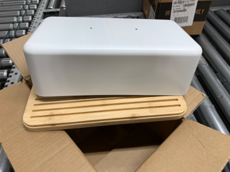 Photo 1 of Liamee Modern Bread Box For Kitchen Countertop, Large metal Bread Keeper Storage Container With Bamboo Cutting Board?Farmhouse Bread Box For Homemade Bread?Banana Bread Container For Loaf Cakes, White