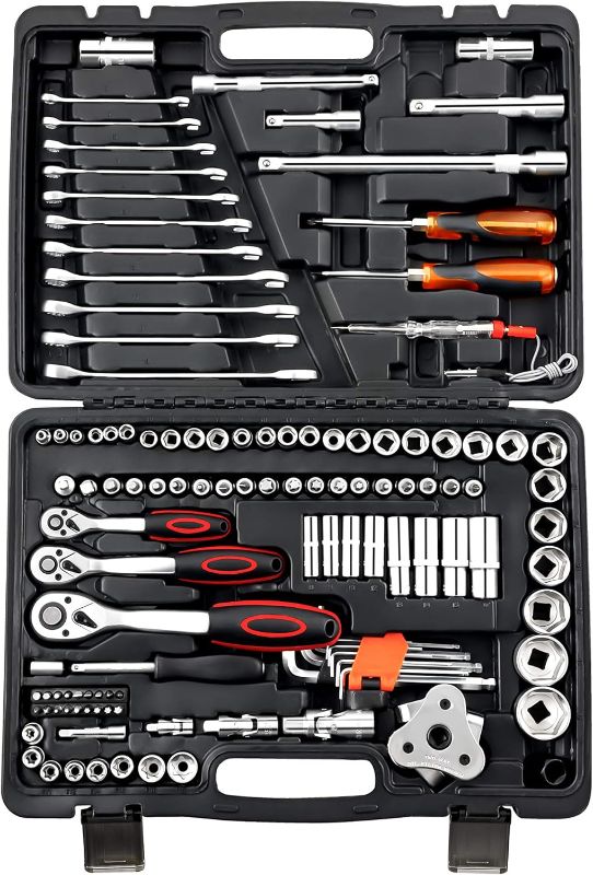 Photo 1 of 121 Piece Socket Wrench Standard (Sae) And Metric 1/4, 3/8 And 1/2 Drive Socket Set72Tooth Ratchet Wrench, (8-19mm) Openen Ratcheting Spanner, Fit For Diy Car Motorcycle Repair,Plastic Toolbox Storage
