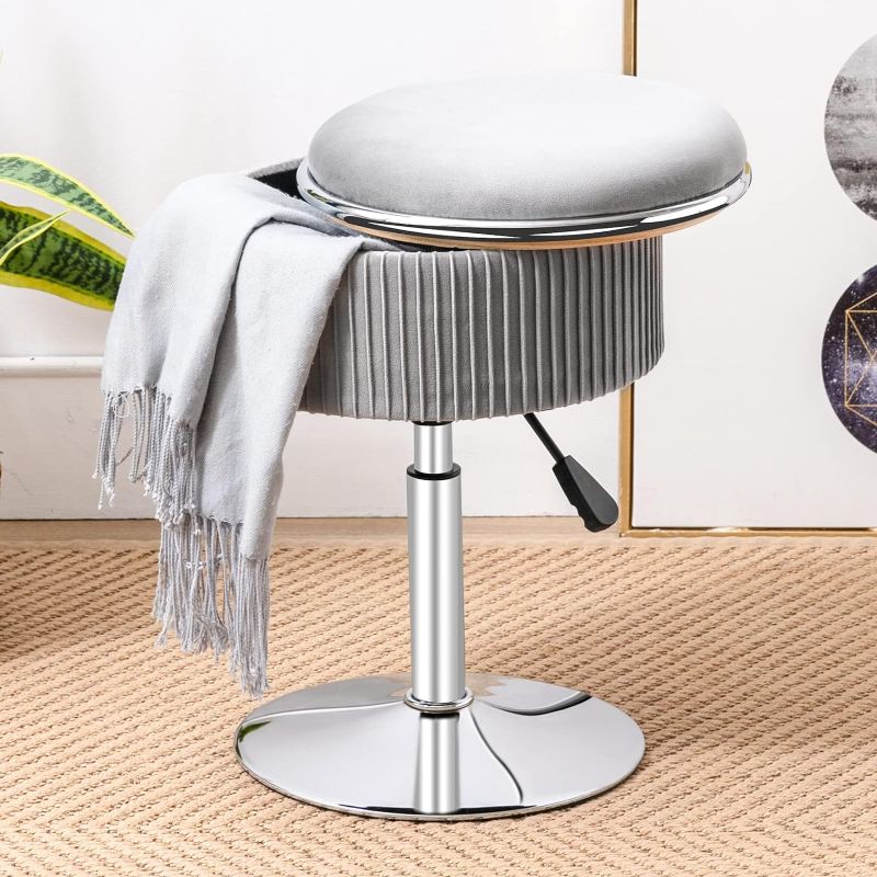 Photo 1 of Round Storage Vanity Stool, 360°Swivel Height Adjustable Stool Chair, Grey Vanity Stool Chair for Makeup Room, Velvet Stool for Vanity With Storage, Vanity Ottoman Chair for Bathroom Living Room
