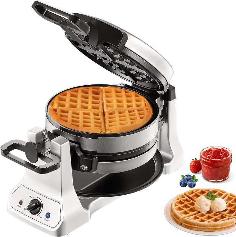 Photo 1 of VEVOR 2-Layer Waffle Maker, 1400W Round Waffle Iron, Non-Stick Waffle Baker Machine with Browning Control, 180° Rotable Belgian Waffle Maker, Teflon-Coated Baking Pans, Stainless Steel Body, 120V
