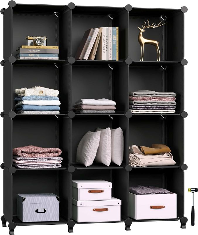 Photo 1 of GREENSTELL Closet Organizer, 12-Cube Storage Organizer with Rubber Mallet, Portable Closet Storage Shelves, Clothing Storage for Kids, Closet, Bedroom, Office (11.8x11.8x11.8 inch), Black
