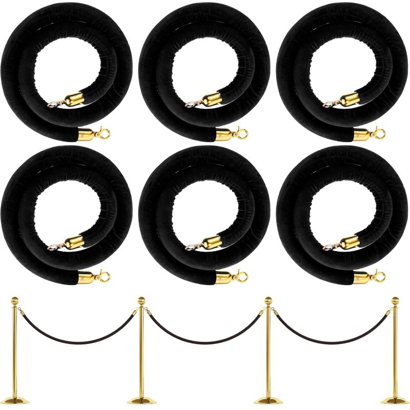 Photo 1 of * Missing Pieces * 6 Pack Velvet Stanchion Rope, 5 Feet Crowd Control Stanchion Ropes Safety Barrier with Gold Plated Hook for Carpet Events Movie Theaters Grand Openings Hotels Party (Black)