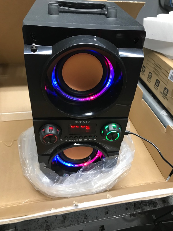 Photo 2 of Bluetooth Speakers, 90W Portable Wireless Large Outdoor Speaker with Subwoofer, 2 Microphone, FM, Colorful Lights, EQ, Deep Bass Sound Boombox Bluetooth 5.0 TWS Pairing for Home Party Camping Gifts MIC2