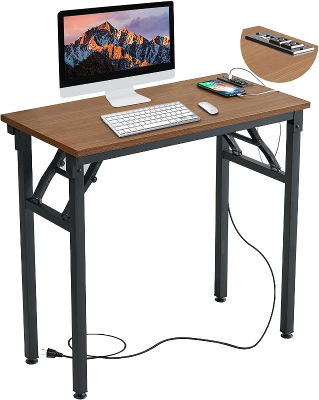 Photo 1 of TEMI Computer Desk with Power Outlet 31.5", Folding Desk for Space Saving, Writing Desk for Home Office, Small Desk for Bedroom, Study Desk with Black Metal Frame, No Assembly Required, Walnut
