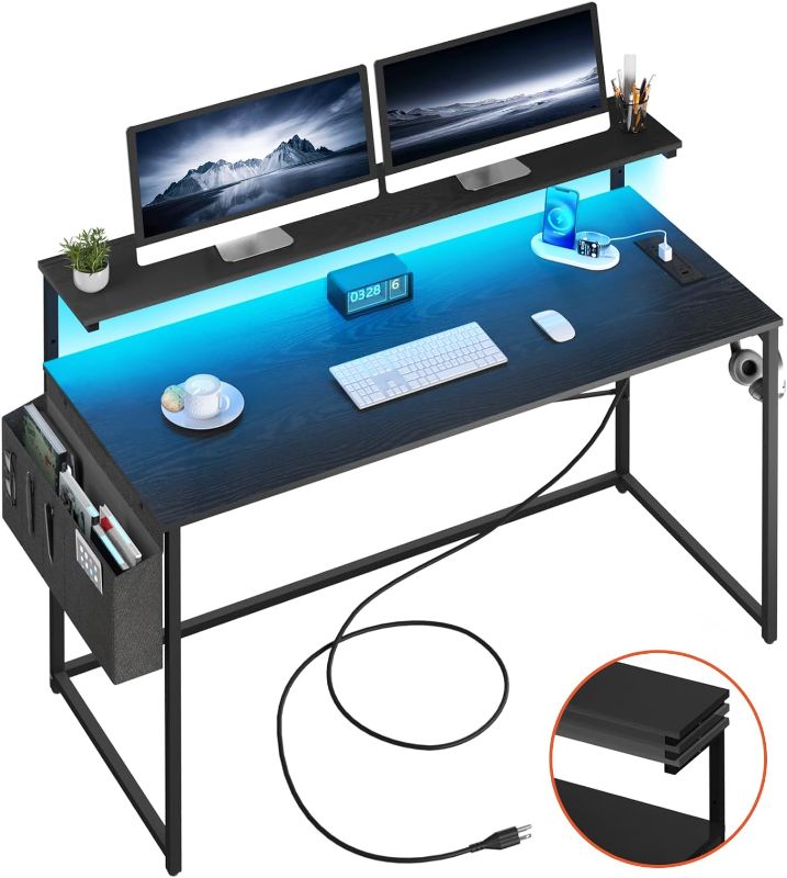 Photo 1 of Yoobure Computer Desk with Power Outlets Fast Charging Type-C Included, Gaming Desk with LED Lights, 47" Office Desk with Adjustable Monitor Stand, Small Desk Home Office Desks with Storage Bag & Hook
