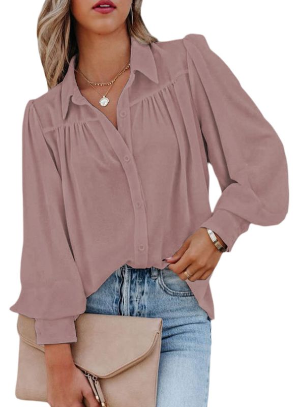 Photo 1 of EVALESS Womens Casual Long Sleeve Blouses Tops V Neck Button Down Shirts Solid Color Blouse Top Medium A Pink