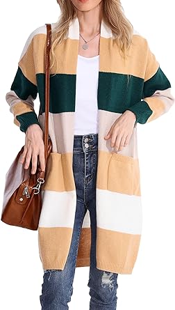 Photo 1 of ELGOGY Women's Long Color Block Cardigan Long Sleeve Lightweight Fall Knit Sweaters Cardigan with Pockets
large