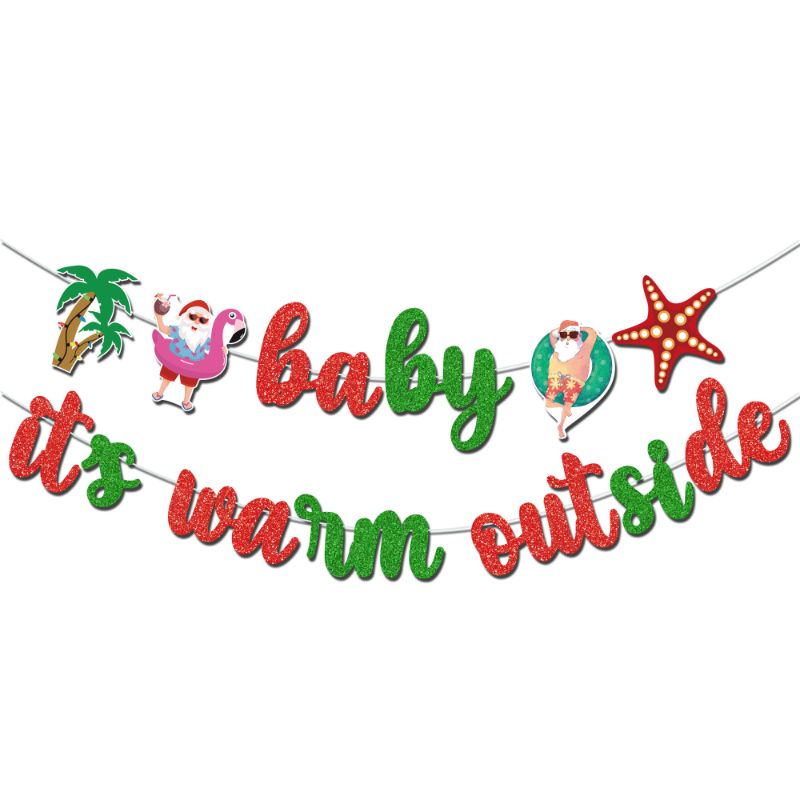 Photo 1 of 2 Christmas in July Decoration Banner Glitter Baby Its Warm Outside Banner Summer Christmas Party Decorations Hanging Letter Sign with Tropical Coconut Tree, Pink Bird, Santa Claus and Starfish Sign