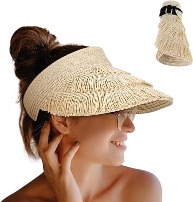 Photo 1 of 
LUCSIS Straw Sun Hat Visor Cap Beach Hat Wide Brim with Tassels Layers for Women UPF 50+ UV Protection
