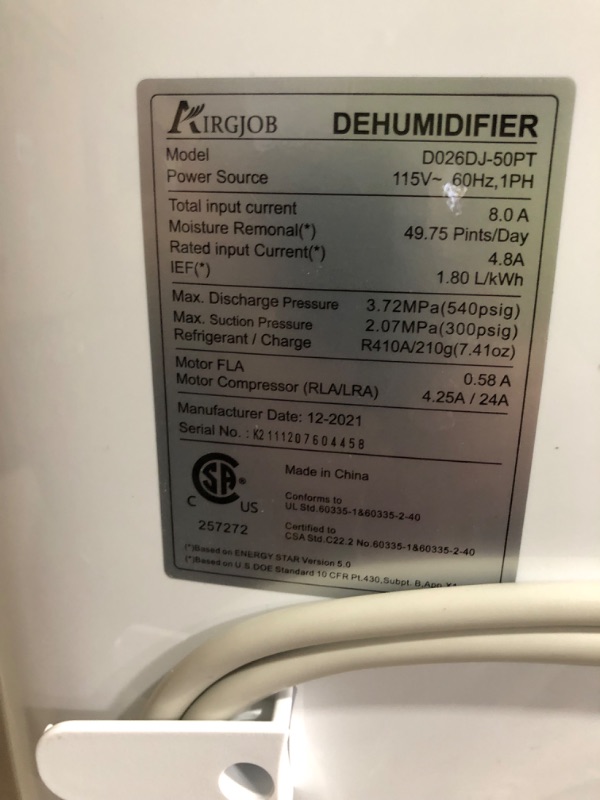 Photo 8 of **PARTS ONLY** **USED** **POWERS ON** **SEE NOTES** AIRGJOB 50 Pint Dehumidifier