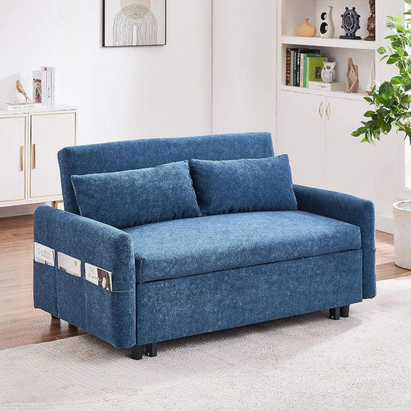 Photo 1 of 
Photo for Reference Only**Merax, Blue 55.1" Pull Out Sleep Sofa Bed Loveseats Couch with Adjsutable Backrest,Storage Pockets,2 Soft Pillows for Living Room,Bedroom