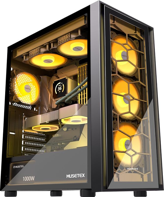 Photo 1 of MUSETEX ATX PC Case, 6 PWM ARGB Fans Pre-Installed, Computer Case with Double Tempered Glass, Mid Tower Gaming PC Case, USB 3.0 x 2, Black, G07
