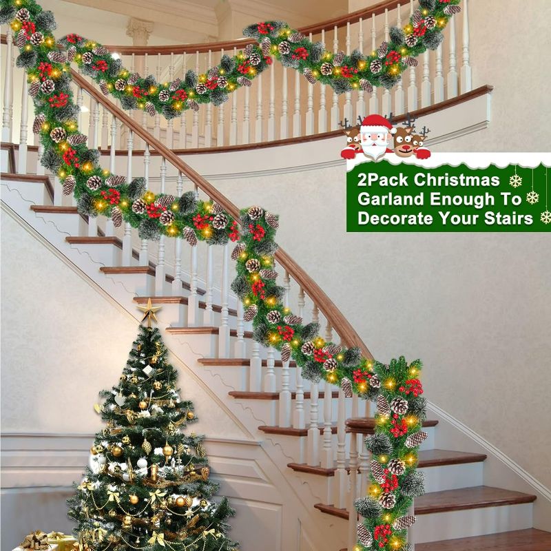Photo 3 of (READ NOTES) [2 Pack & Timer] 9 Ft 100 LED Prelit Christmas Garland Lighted 8 Mode, Each 18 Ball 6 Poinsettia 300 Thick Snowy Tips 18 Pine Corn 198 Red Berry Battery Operated Christmas Decor Mantle Indoor Outdoor