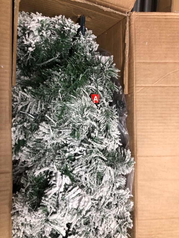 Photo 1 of 7.5FT Prelit Pencil Christmas Tree Artificial Snow Flocked Slim Skinny Christmas Trees with 350 LED Warm White Lights for Christmas Indoor Outdoor Decoration