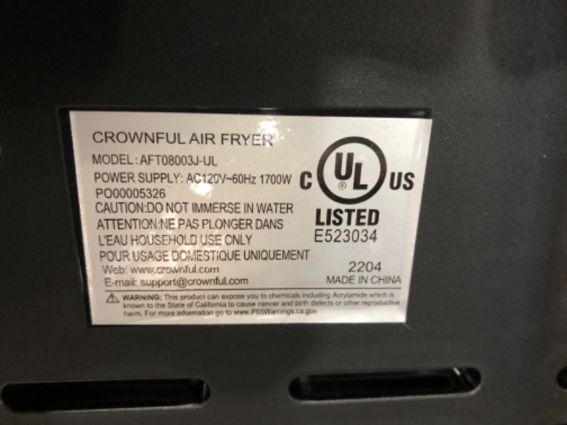 Photo 5 of ***USED - HAS A SMELL - POWERS ON - UNABLE TO TEST FURTHER***
CROWNFUL 8 Quart 8 in 1 Dual Basket Air Fryer with Independent Temperature Control, 1700W, Black