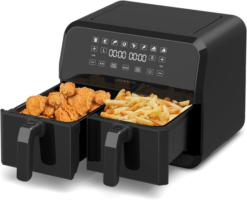 Photo 1 of ***USED - HAS A SMELL - POWERS ON - UNABLE TO TEST FURTHER***
CROWNFUL 8 Quart 8 in 1 Dual Basket Air Fryer with Independent Temperature Control, 1700W, Black