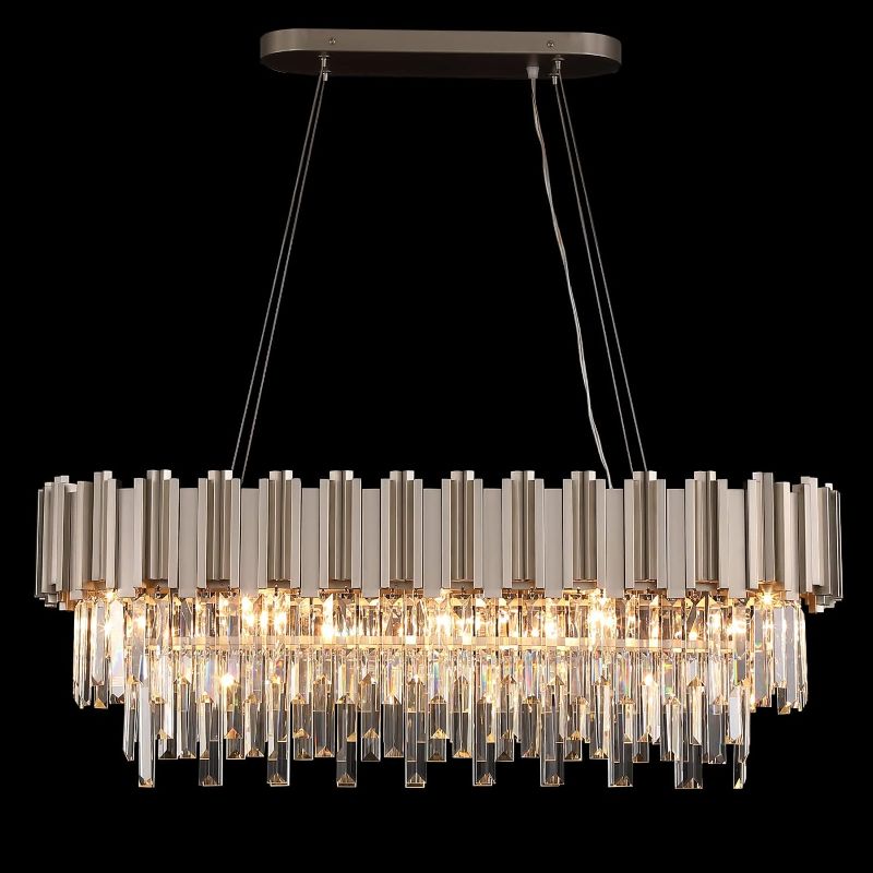 Photo 1 of ***Parts Only***OSAIRUOS L35.4 Linear Modern Crystal Chandeliers Luxury Nickel Rectangle Chandelier for Dining Room Contemporary Oval Raindrop Pendant Ceiling Light Fixture for Kitchen Island Entryway Foyer 10 Lights
