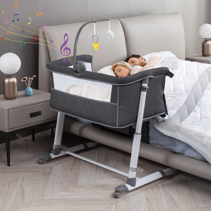 Photo 3 of Yacul Baby Bassinet, Bedside Crib Sleeper with Wheels and Music Box, Height Adjustable fit for Bed Height 19" - 26.5", Portable, Dark Gray