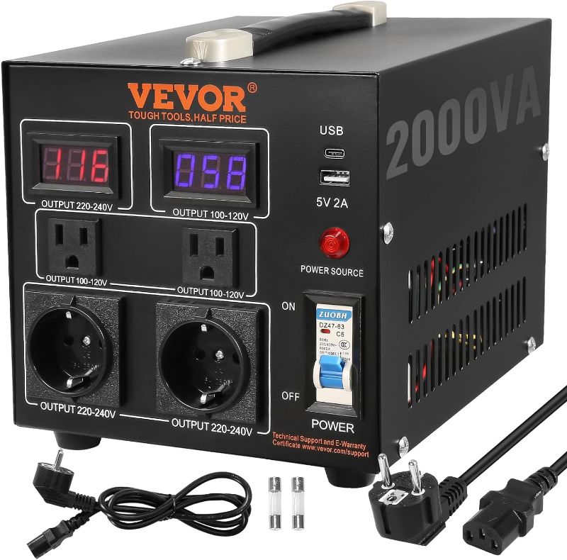 Photo 1 of VEVOR Voltage Converter Transformer, 2000W, Heavy Duty Step Up/Down Transformer, Convert from 110 Volt to 220 Volt and from 220 Volt to 110 Volt, with US Outlet EU Outlet 5V USB Port, CE Certified see notes- stock photo & actual product may not be identic