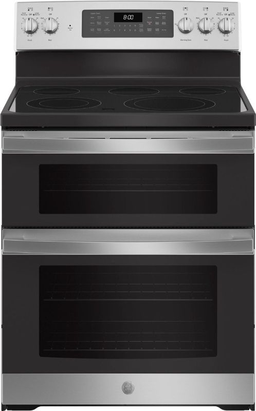 Photo 1 of GE - 6.6 Cu. Ft. Freestanding Double Oven Electric Convection Range with Self-Steam Cleaning and No-Preheat Air Fry - Stainless Steel
