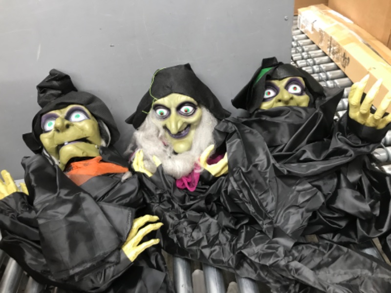 Photo 1 of 
Haunted Hill Farm Life-Size Animatronic Scary Talking 3 Witches with Cauldron, Indoor/Covered Outdoor Poseable Halloween Decoration with Light up Eyes and...
Color:67" 3 Standing Witches