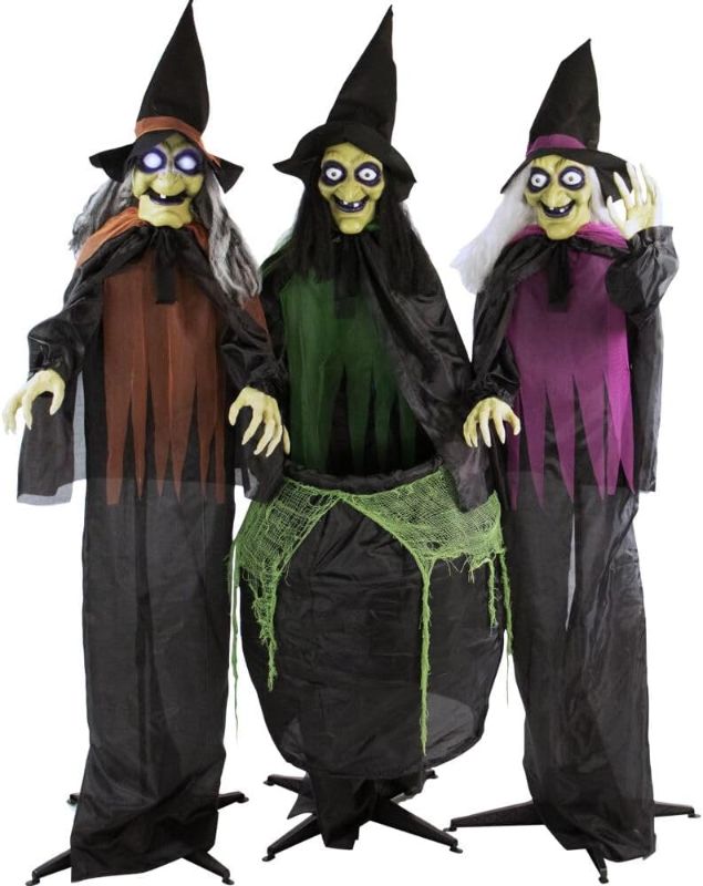 Photo 1 of 
Haunted Hill Farm Life-Size Animatronic Scary Talking 3 Witches with Cauldron, Indoor/Covered Outdoor Poseable Halloween Decoration with Light up Eyes and...
Color:67" 3 Standing Witches