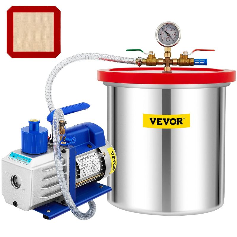 Photo 1 of 
VEVOR Vacuum Chamber with Pump, 5 Gallon Vacuum Chamber Acrylic Lid, 5CFM 1/2 HP Single Stage Rotary Vane Vacuum Pump, 110V HVAC Air Tool Set for Resin...