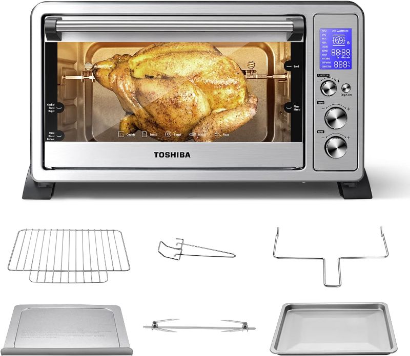 Photo 1 of  TOSHIBA AC25CEW-SS Large 6-Slice Convection Toaster Oven Countertop, 10-In-One with Toast, Pizza and Rotisserie, 1500W, Stainless Steel, Includes 6 Accessories
