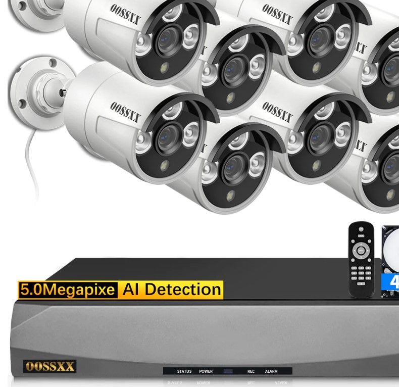 Photo 1 of OOSSXX 8CH 5MP POE Home Security Video Surveillance Camera System, 8pcs Wired Bullet IP Cameras Kit, 8-Channel NVR with 4TB Hard Drive, 24/7 Recording, One-Way Audio, H.265+ Nigh Vision