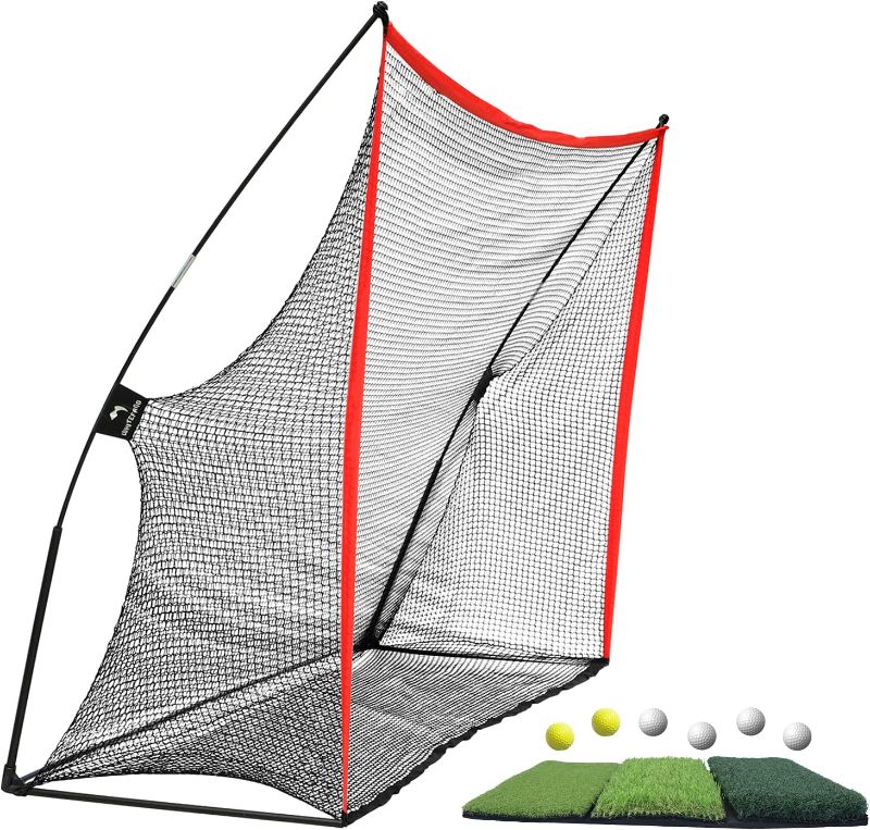 Photo 1 of Golf Net Bundle Golf Practice Net 10x7 feet with Golf Chipping Nets Golf Hitting Mat & Golf Balls Packed in Carry Bag for Backyard Driving Indoor Outdoor
