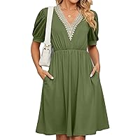 Photo 1 of Atxnn Womens Summer Casual Midi Dresses V Neck Short Sleeve Loose A-Line Dress with Pockets Lace Trim Lounge Skater Sundress 2XL