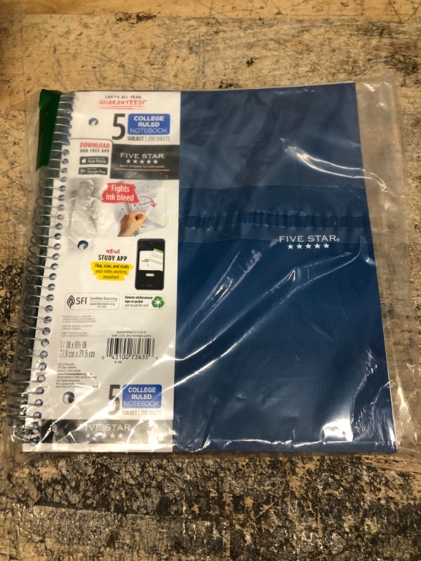 Photo 2 of Five Star Spiral Notebook + Study App, 5 Subject, College Ruled Paper, Fights Ink Bleed, Water Resistant Cover, 8-1/2" x 11", 200 Sheets, Blue (73635)