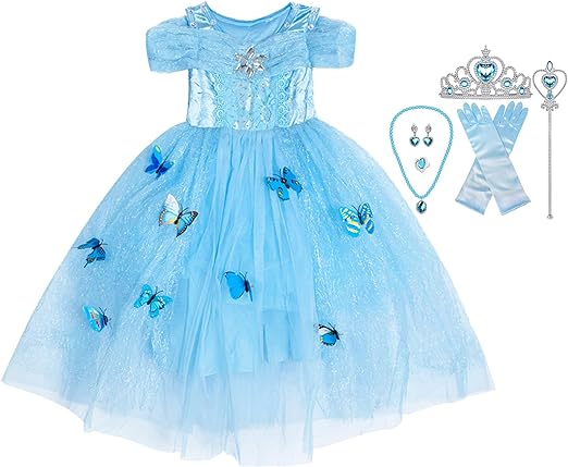 Photo 1 of KGDECYS Princess Costumes Blue Butterfly Princess Dress Fancy Puffy Sleeve Halloween Christmas Party Dresses with Accessories
