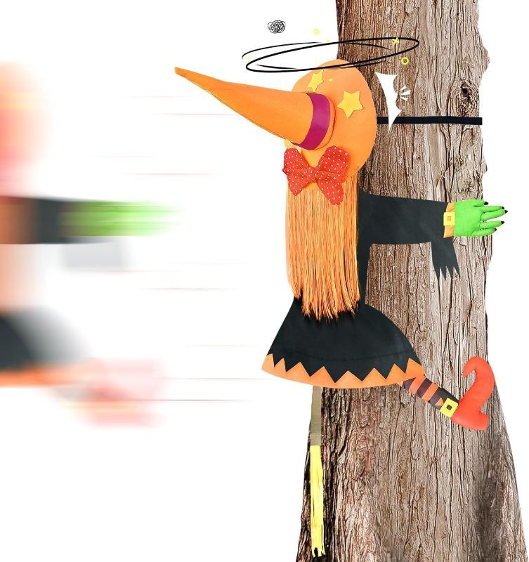 Photo 1 of 35" Halloween Crashing Witch Into Tree Decoration,Outdoor Funny Cute Outdoor Halloween Decor for Porch Yard Indoor Outdoor Patio Lawn Garden Tree Trunk Pillar Decor Ornament Party Supplies (Orange)