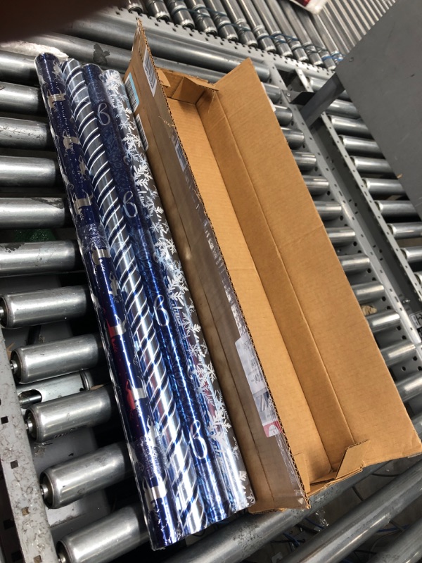 Photo 1 of American Greetings 80 sq. ft. Blue Wrapping Paper Bundle for Christmas, Hanukkah and All Holidays, Blue and White Stripes (4 Rolls 30 in. x 8 ft.) Blue and Silver