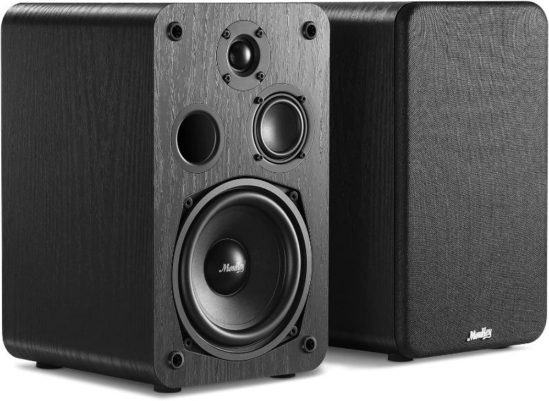 Photo 1 of Moukey Passive Bookshelf Speakers (Pair), Peak Power 2×55W, 3-Way Home Theater Speakers, 2.0 Stereo Near Field Studio Premium Sound, Wooden Wall-Mountable,...
