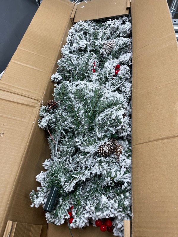 Photo 2 of 6 Ft Prelit Flocked Artificial Slim Christmas Tree, 500 Thick Realistic Snow Branch Tips, 174 Red Berries, 29 Pinecones, 240 LED Clear Lights, Fire-Resistant, UL Plug, Metal Stand, Hinged Flocked Tree Flocked-clear Lights 6 ft