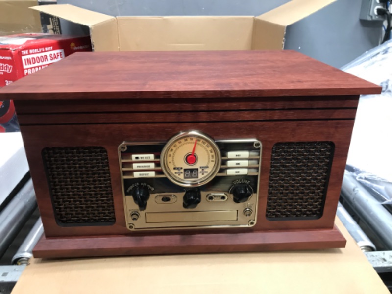 Photo 2 of Victrola Nostalgic 7-in-1 Bluetooth Record Player & Multimedia Center with Built-in Speakers - 3-Speed Turntable, CD & Cassette Player, AM/FM Radio, USB | Wireless Music Streaming | Mahogany Mahogany (USB) Entertainment Center