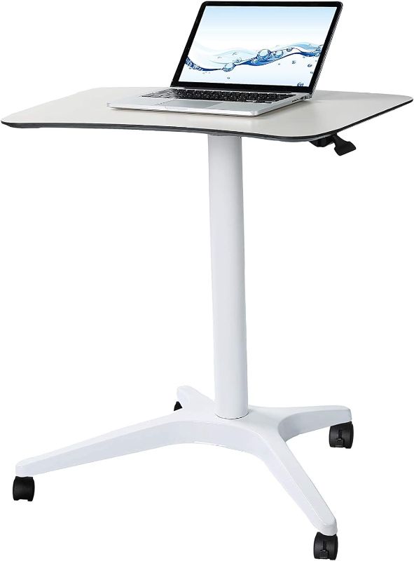 Photo 1 of CARTMAY Mobile Standing Desk,Pneumatic Height Adjustable Laptop Desk, Mobile Laptop Desk with Wheels, Height Adjustable from 28'' to 33'',White
