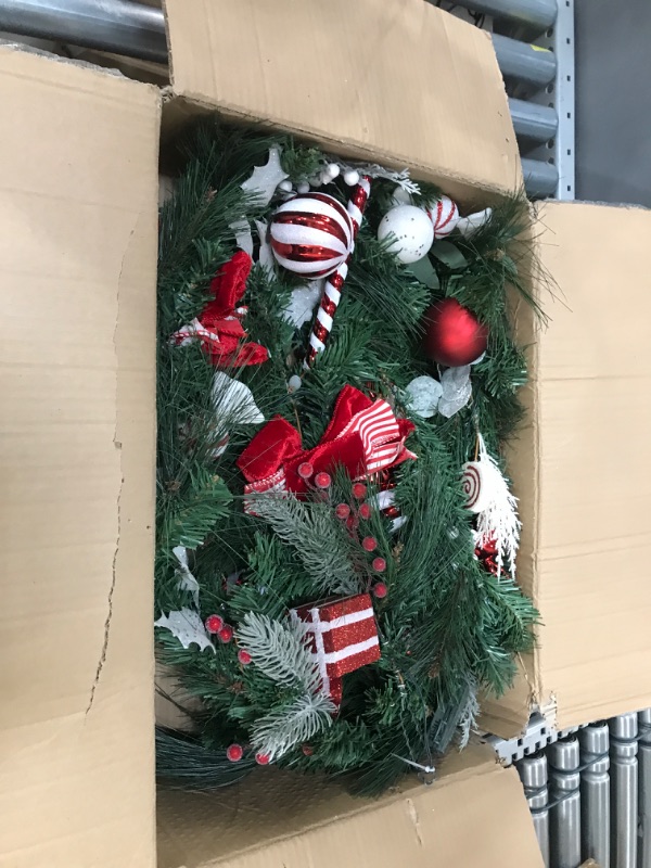 Photo 1 of Valery Madelyn Pre-Lit 9 Feet Sweet Candy Red White Christmas Garland with 40 LED Warm Lights and Ball Ornaments Candy Cane for Front Door Window Fireplace Mantle Xmas Decor, Battery Operated