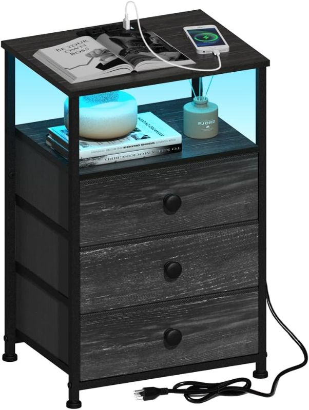 Photo 1 of  End Table with Charging Station LED Light Nightstand Bedroom Bed Side Dresser with 3 Fabric Drawers Open Storage Shelf Living Room Sofa End Table with USB Ports and Outlet