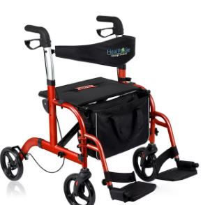 Photo 1 of 2 in 1 Rollator Walker-Transport Chair Combo with Padded Seat by Health Line Massage Products, Rolling Walker for Seniors with Reversible Backrest and Detachable Footrests, Red