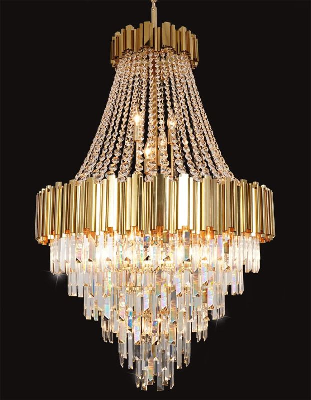 Photo 1 of .ANTILISHA Gold Crystal Chandelier Lighting 17 Lights Foyer Hall Entry Way Chandeliers Light Fixture for High Ceiling Sloped Pendant Hanging French Empire Style Round Large Long 30''
